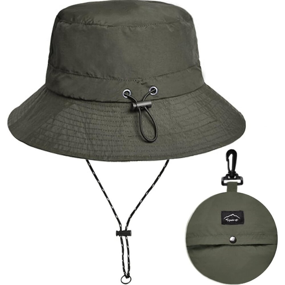Unisex Green 100%Nylon Wide Brim Uv Protection Chin Strap Packable Bucket Hat